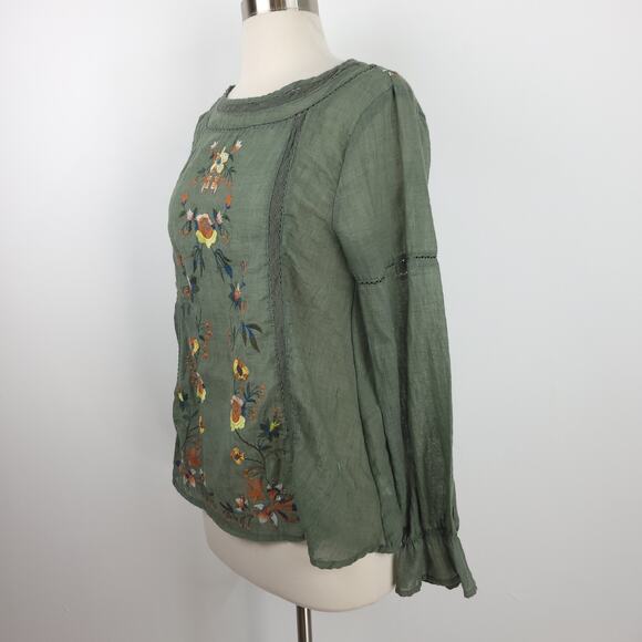 Umgee Green Floral Embroidered Peasant Blouse Long Sleeve Lightweight Small - Picture 5 of 11